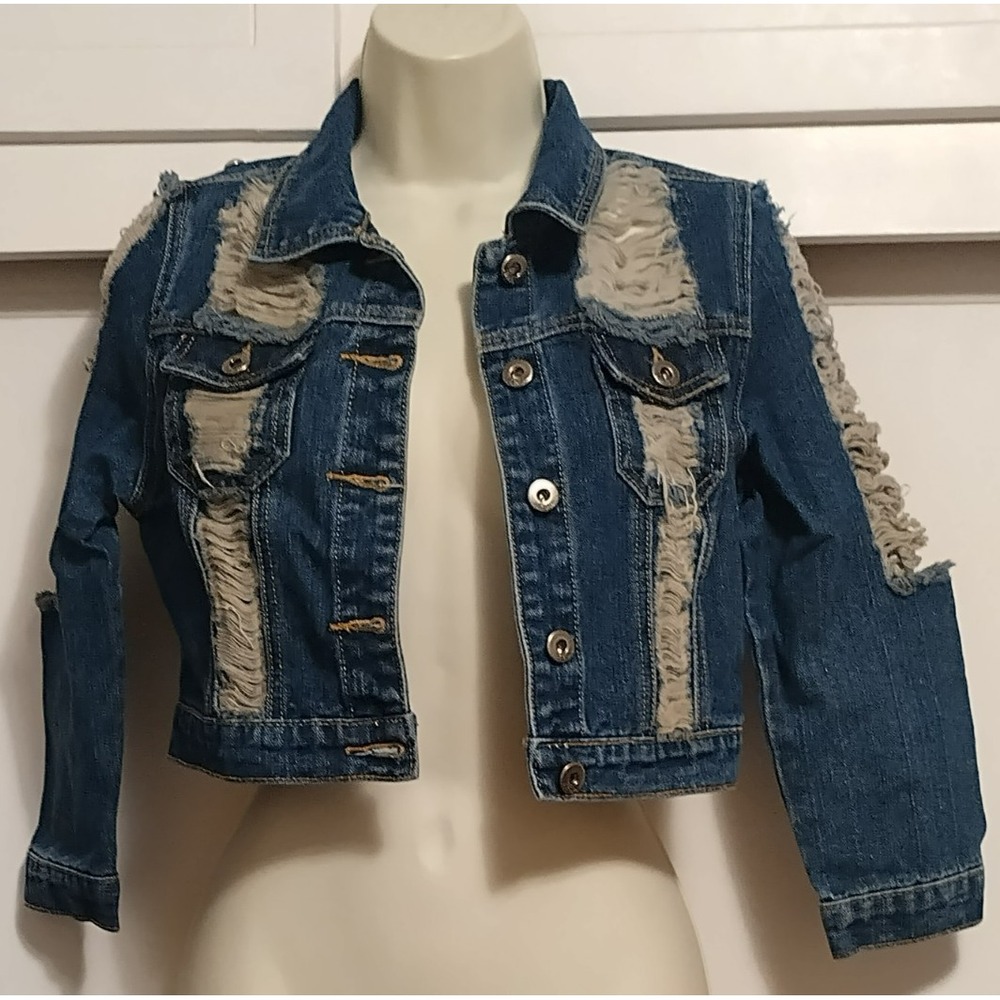 ChiQle Women's Crop Denim Jacket S Blue Studded Distressed Shrug